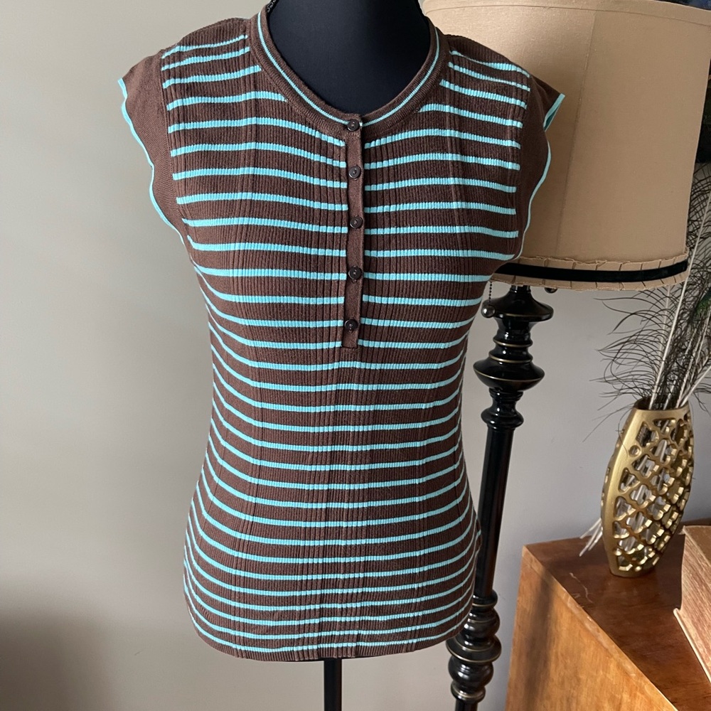 Tommy Hilfiger Brown Aqua Striped Henley Tank Top Large